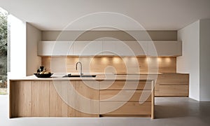 Interior of modern kitchen with white walls, concrete floor and wooden countertops. 3d rendering