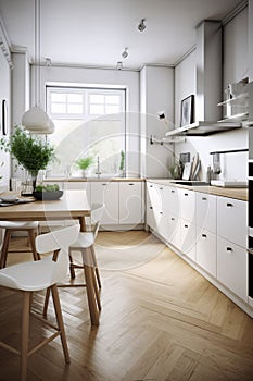 Interior of modern kitchen with white walls, parquet floor and white cupboards. Scandinavian style