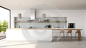 Interior of modern kitchen with white walls, tiled floor, white countertops and white cupboards with built in sink and cooker. 3d