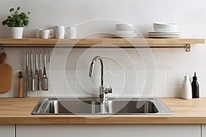 Interior of modern kitchen with white walls, wooden countertops, white cupboards and sink