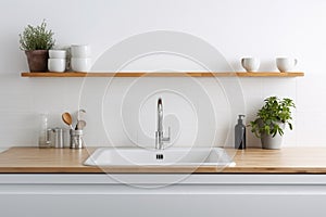 Interior of modern kitchen with white walls, wooden countertops, white cupboards and sink