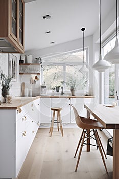Interior of modern kitchen with white walls, wooden floor and white countertops. Scandinavian style