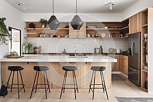 Interior of modern kitchen with white and wooden walls, floor, white countertops and bar with stools. Scandinavian style