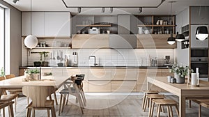 Interior of modern kitchen with white and wooden walls, floor, white cupboards and bar with stools. Scandinavian style