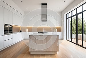 Interior of modern kitchen with white and wooden walls, wooden floor, white countertops and white cupboards. 3d rendering