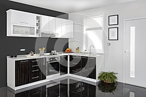 Interior of a modern kitchen, wooden furniture, simple and clean