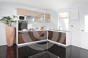 Interior of a modern kitchen, wooden furniture, simple and clean