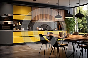 Interior of modern kitchen with yellow and wooden walls - Ai Generated