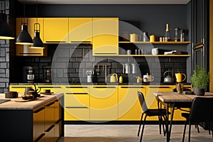 Interior of modern kitchen with yellow and wooden walls - Ai Generated