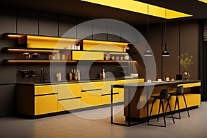 Interior of modern kitchen with yellow and wooden walls - Ai Generated