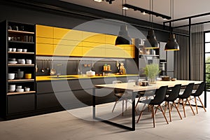 Interior of modern kitchen with yellow and wooden walls - Ai Generated