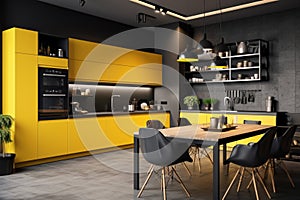 Interior of modern kitchen with yellow and wooden walls - Ai Generated