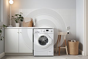 Interior of modern laundry room with washing machine