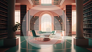 Interior of modern library with bookshelf. 3d render