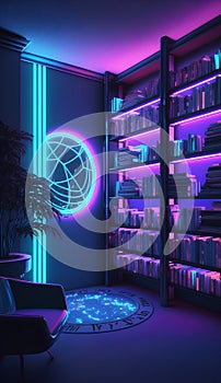 Interior of modern library with bookshelf, bookshelf and neon lights. 3D rendering