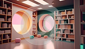 Interior of modern library with bookshelf and round shelves. 3d render