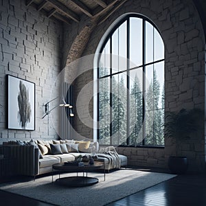Interior Of Modern Living Room with Arched Windows and High Ceiling, Cozy Sofa In Front Of Brick Wall, Lots of Sun Light,