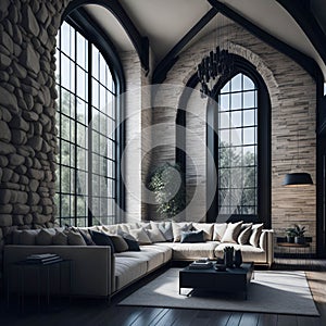 Interior Of Modern Living Room with Arched Windows and High Ceiling, Cozy Sofa In Front Of Brick Wall, Lots of Sun Light,