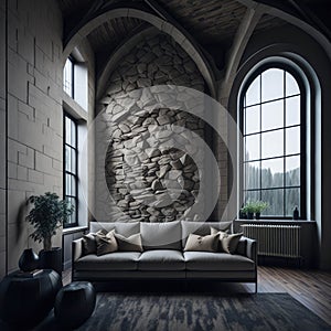 Interior Of Modern Living Room with Arched Windows and High Ceiling, Cozy Sofa In Front Of Brick Wall, Lots of Sun Light,