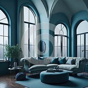 Interior Of Modern Living Room with Arched Windows and High Ceiling, Cozy Sofa, Lots of Sun Light, Generative AI