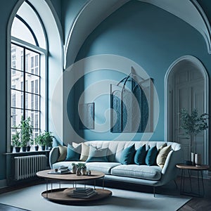 Interior Of Modern Living Room with Arched Windows and High Ceiling, Cozy Sofa, Lots of Sun Light, Generative AI