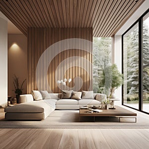 Interior of modern living room with big window, cozy home design with beige sofa and wooden paneling 3d rendering