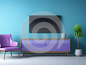 Interior of modern living room with blue sideboard over purple wall. Contemporary room with TV stand and two armchairs