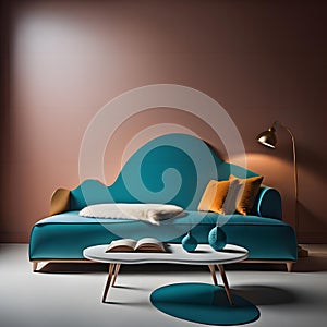 Interior of modern living room with blue sofa, coffee table and lamps. generative ai