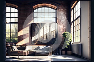 interior of modern living room with brick wall, sofa and windows