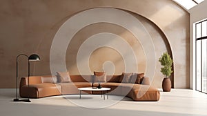 Interior of modern living room with brown leather sofa and round coffee table. 3d render Generative AI