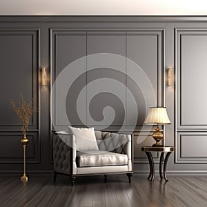 Interior of modern living room with classical patterned armchair, empty panelling wall with copy space. Home design. 3d rendering