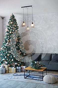 Interior of modern living room with comfortable sofa decorated with Christmas tree and gifts