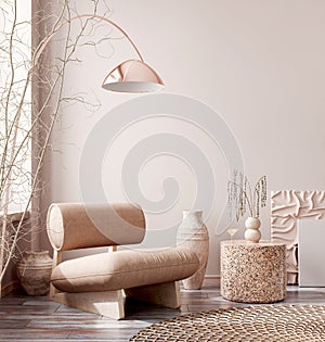 Interior of modern living room with copper floor lamp, granite coffee table and armchair, empty wall. Home design. 3d rendering