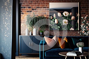 The interior of a modern living room with a dark blue sofa next to a brick wall on which a horizontal poster hangs, in the