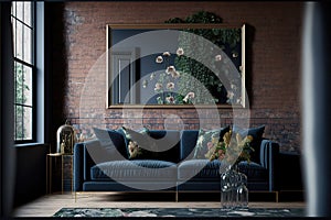 The interior of a modern living room with a dark blue sofa next to a brick wall on which a horizontal poster hangs, in the