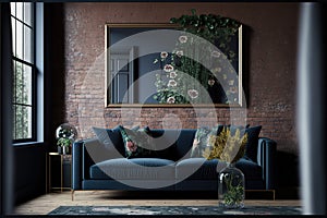 The interior of a modern living room with a dark blue sofa next to a brick wall on which a horizontal poster hangs, in the