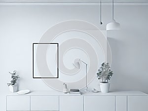 Interior of modern living room with empty white picture frames on the wall.