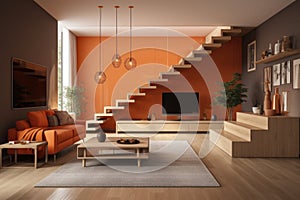 Interior of a modern living room. Fashionable sofa, coffee table, large flat TV on the wall. Graceful wooden staircase