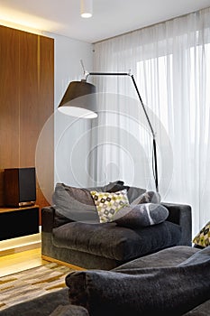 The interior of a modern living room with a floor lamp