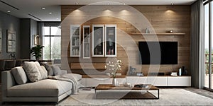Interior of modern living room with gray walls, concrete floor