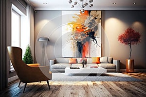 Interior of a modern living room with gray walls, wooden floor, gray sofa and orange chair