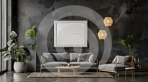 Interior of modern living room with gray walls, wooden floor, gray sofa standing near round coffee table and plant,