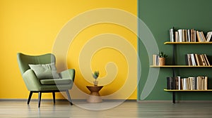 Interior of modern living room with green armchair, yellow wall and bookshelf