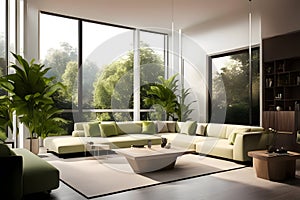 Interior of modern living room with green curtains, sofa and coffee table