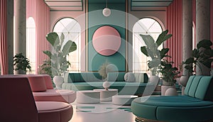 Interior of modern living room with green and pink walls, concrete floor, comfortable sofa and round mirror. 3d rendering