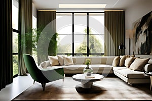 Interior of modern living room with green sofa