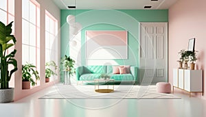 Interior of modern living room with green sofa 3D render illustration