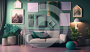 Interior of modern living room with green sofa, plants and picture frames. 3D render