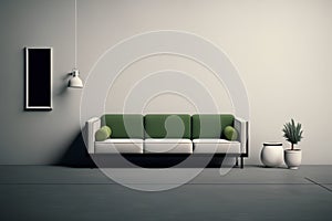 Interior of modern living room with green sofa and vase. 3d render