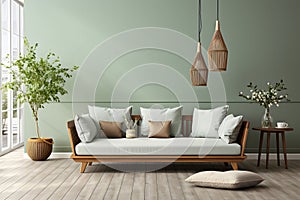 Interior of modern living room with green walls, wooden floor, comfortable white sofa and wooden coffee table. ai generated